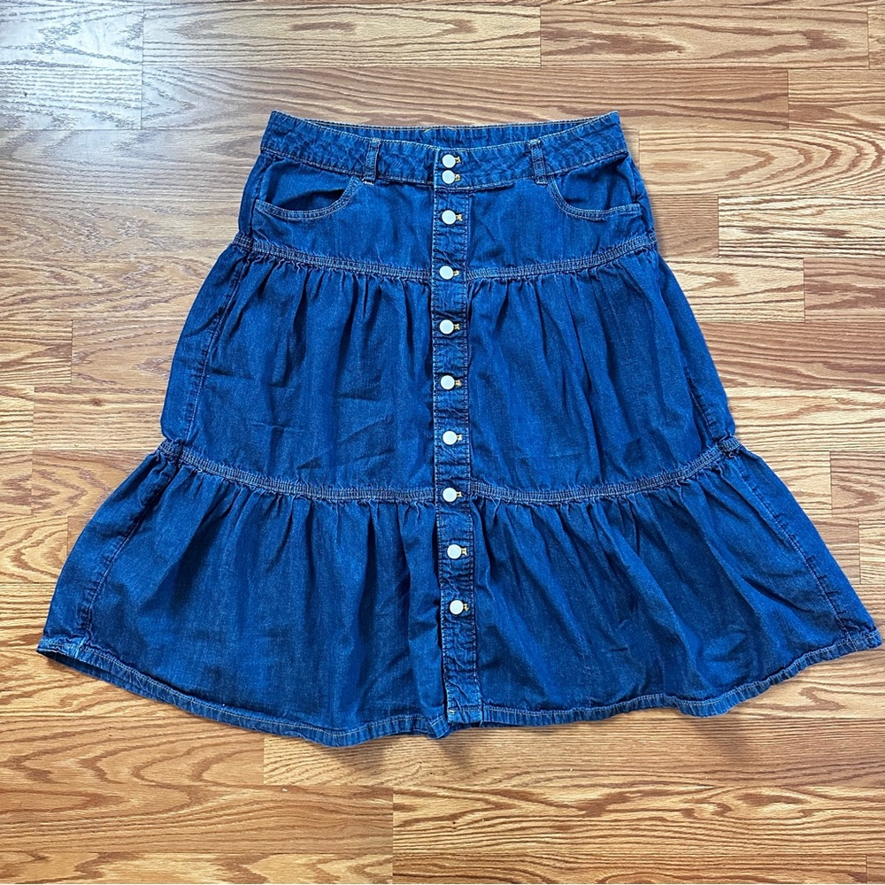 Time and Tru Three Tier Med wash Blue Jean button front Midi Prairie Skirt Sz 14